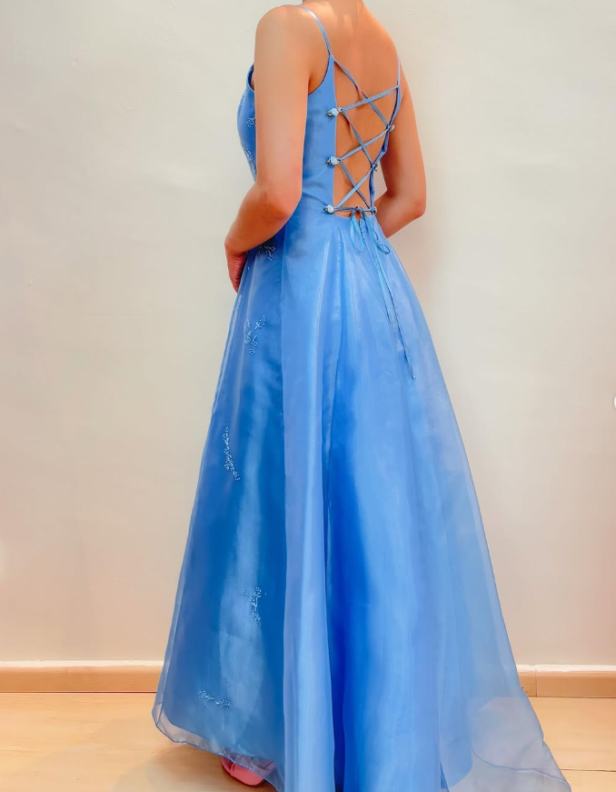 Vintage A Line Spaghetti Strap Beaded Blue Tulle Satin Prom Dress Evening Dress SH2115