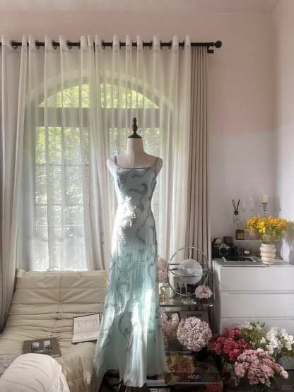 Light Blue Gorgeous Sparkling Fashion Elegant Exquisite Beaded Long Chiffon Fairy Ball Gown Evening Dress Birthday/Wedding Guest/Vacation Party Dress Prom Dress Valentine's Day Date Dress gh4036
