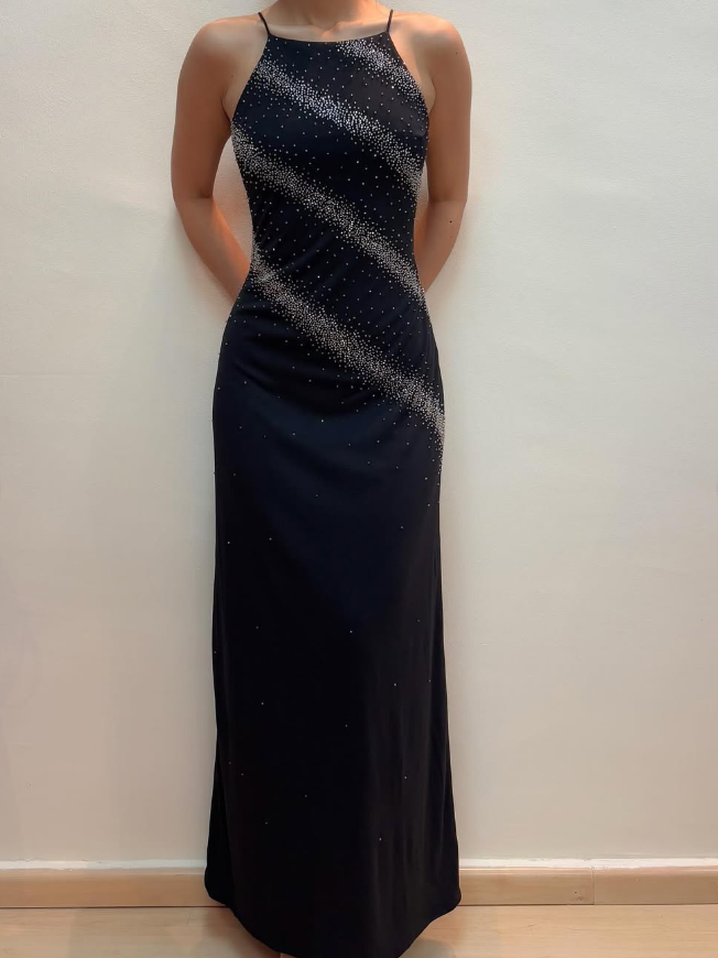 Vintage Sheath Spaghetti Strap Beaded Black Chiffon Prom Dress Evening Dress SH2102