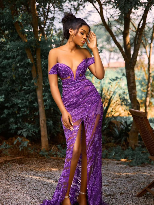 Unique Mermaid Strapless Purple Beaded Velvet Tulle Prom Dress Evening Dress SH2333