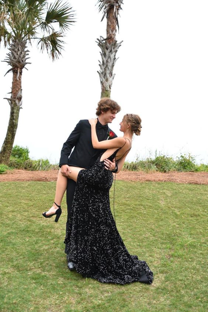 Spaghetti Straps V Neck Black Sequin Evening Dress Slit Backless Prom Dress SH1088