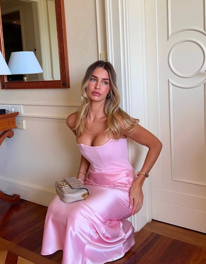 Elegant Sheath Strapless Corset Pink Satin Long Prom Dress Evening Dress SH2037