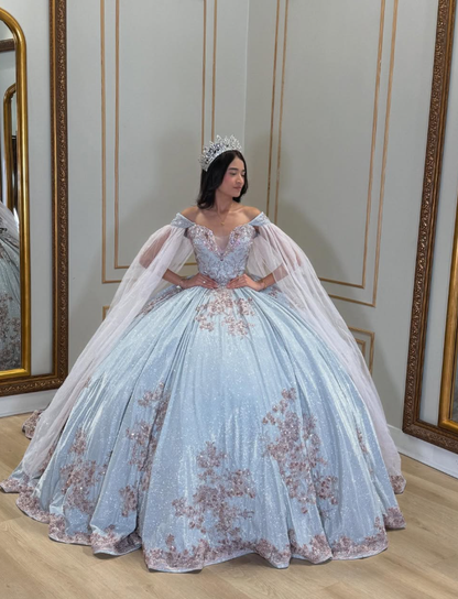 Shiny Baby Blue Ball Gown Off the Shoulder Sequin Tulle Sweet 16 Dress Party Gowns Quinceanera Dresses SH3560