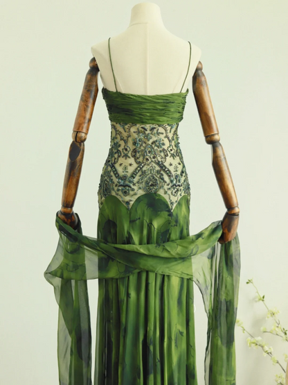 Green A Line Spaghetti Strap Beaded Chiffon Prom Dress 18th Birthday Dress SH3898