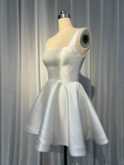 Simple Satin Square Neck White Short 6th Grade Homecoming Dress Cocktail Dress S802