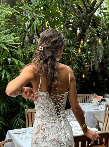 Stunning Sheath Spaghetti Strap White Lace Long Prom Dress Evening Dress SH2297