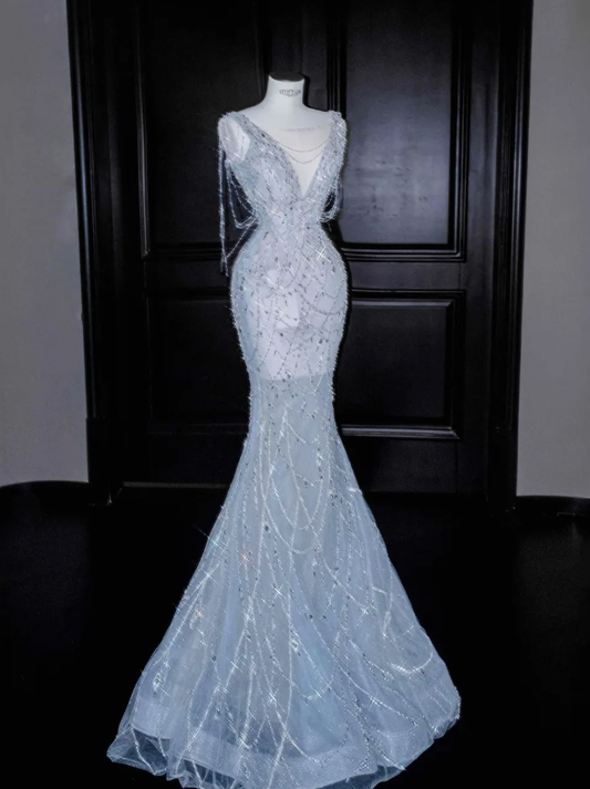 Blue Mermaid V Neck Rhinestone Tulle Long Prom Dress Party Dress SH3248