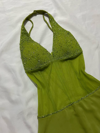 Green Vintage A Line V Neck Beaded Sequin Chiffon Prom Dress Evening Dress SH2539