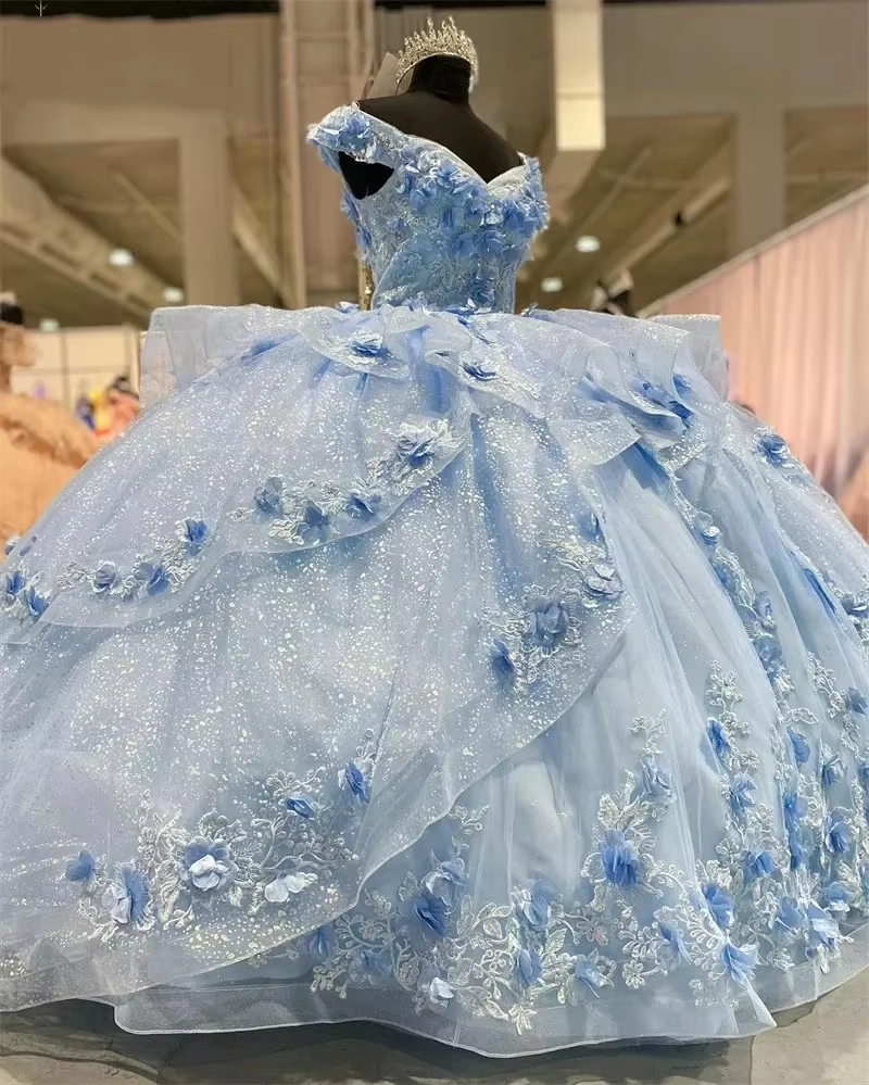 Light Blue Sparkly Off The Shoulder Appliques Prom Dress Quinceañera Dress Sweet 16 Prom Dress Ball Gown SH1136