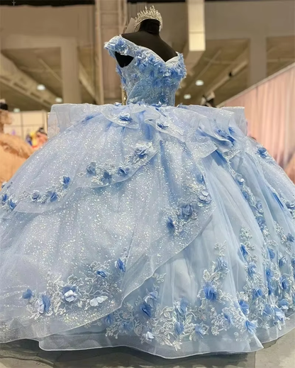 Light Blue Sparkly Off The Shoulder Appliques Prom Dress Quinceañera Dress Sweet 16 Prom Dress Ball Gown SH1136
