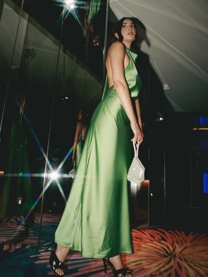 Charming A Line Halter Green Satin Long Open Back Prom Dress Evening Dress SH2109