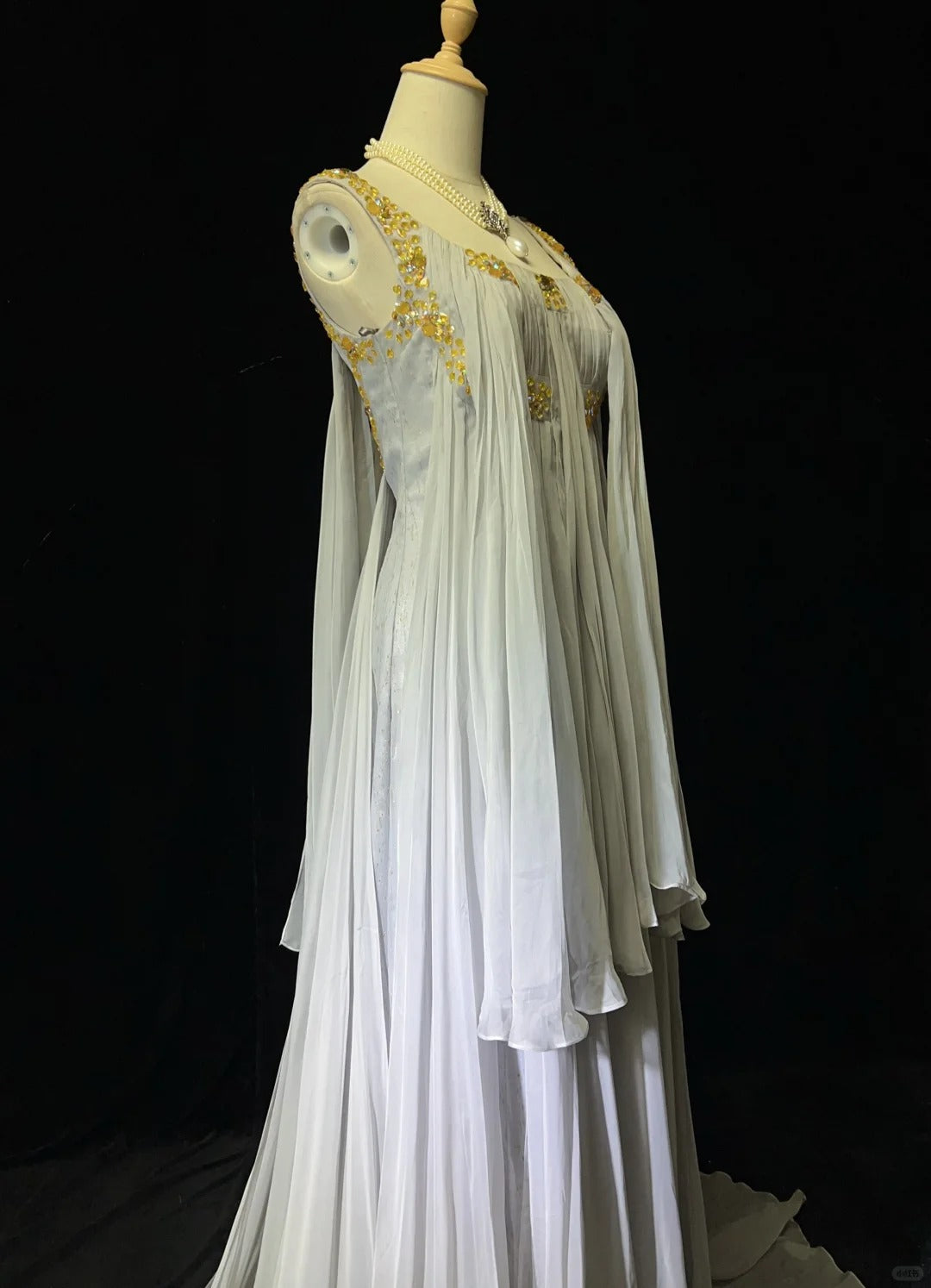 White Vintage Ancient Greek Goddess Gorgeous Sparkling Elegant Exquisite Gold Rhinestone Beads Tulle Long Mermaid Floor Length Trail Slim Fairy Ball Gown Evening Gown Party Dress Prom Gown gh3852