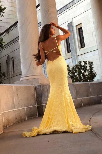 PM483,Pastel Yellow Mermaid Lace Prom Dresses, Backless Evening Dress