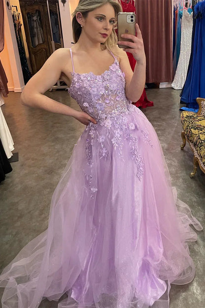 Spaghetti Straps Lilac Floral Appliques Evening Prom Dresses