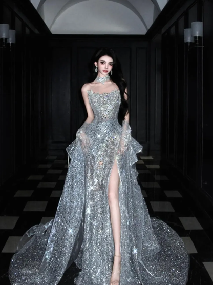 Silver Sequin Shiny Ball Gown Strapless Long Sweep Prom Dress Evening Dress Party Dress SH3617