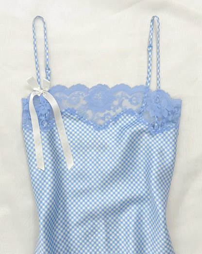 Blue Lattice A Line Spaghetti Strap Lace Satin Short Homecoming Dress Birthday Dress Outfits SH3542