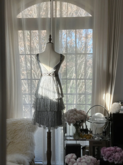 Elegant V Neck Lace Beaded Layered Mini Birthday Outfits Gray A Line Short Homecoming Dress S727