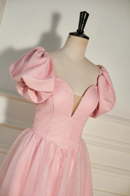 PM540,Pink Plunging V Neck Dot Lace-Up A-line Homecoming Dress