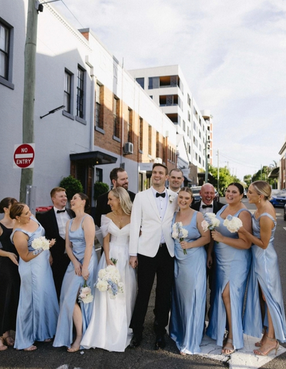 Gentle Sheath Strap Blue Satin Long Bridesmaid Dress Evening Dress with Slit SH2835