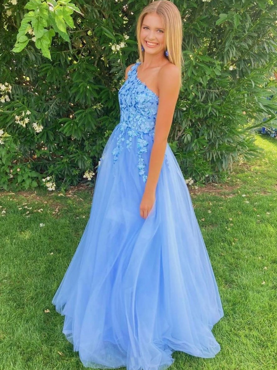 Blue one shoulder tulle long prom dress blue evening dresses