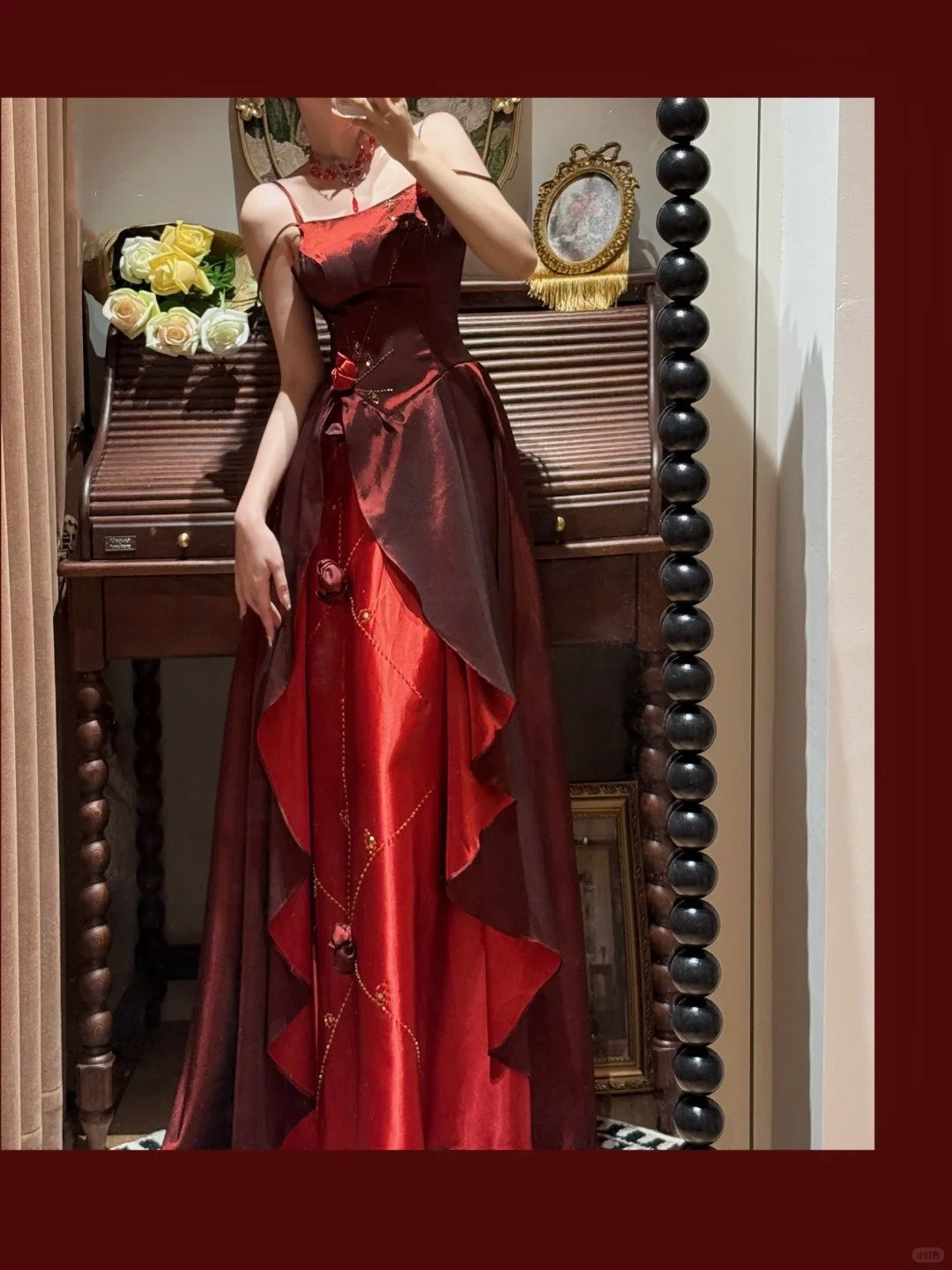 Burgundy Exquisite Beaded Long Floral Satin Tulle Ball Gown Evening Gown Graduation Gown gh4255