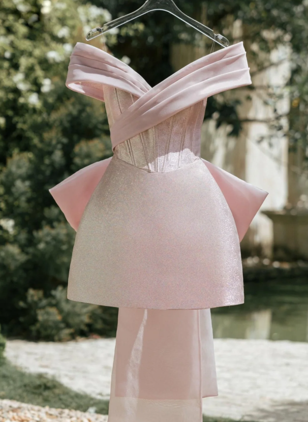 Cute Pink Off The Shoulder Short Birthday Outfits Homecoming Dress With Bow S393