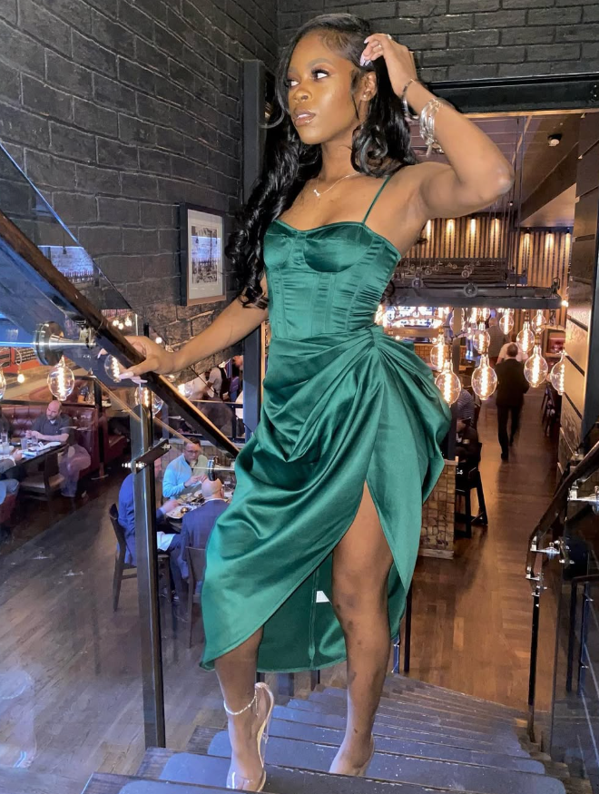 Spaghetti Straps Green Pleated Slit Prom Dress SH715