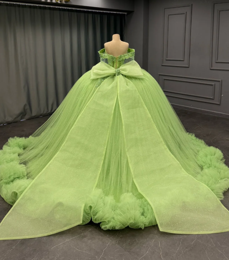 Romantic Poofy Off the Shoulder Beaded Green Tulle Ball Gown Quinceanera Dress SH3269