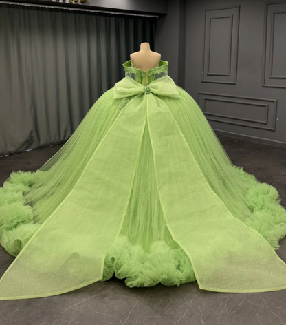 Romantic Poofy Off the Shoulder Beaded Green Tulle Ball Gown Quinceanera Dress SH3269