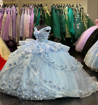 Light Blue Sparkly Off The Shoulder Appliques Prom Dress Quinceañera Dress Sweet 16 Prom Dress Ball Gown SH1136