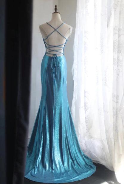 Blue Elegant Satin Long Mermaid Slim Fit Floor Length Ball Gown Evening Gown Prom Dress gh4201