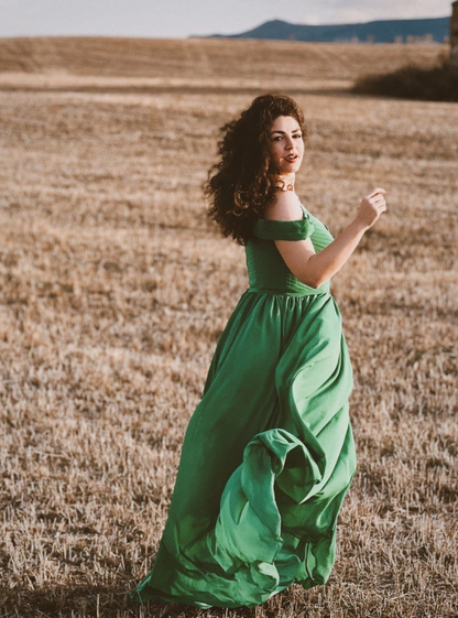 Elegant A Line Off the Shoulder Green Satin Long Prom Dress Evening Dress SH2016