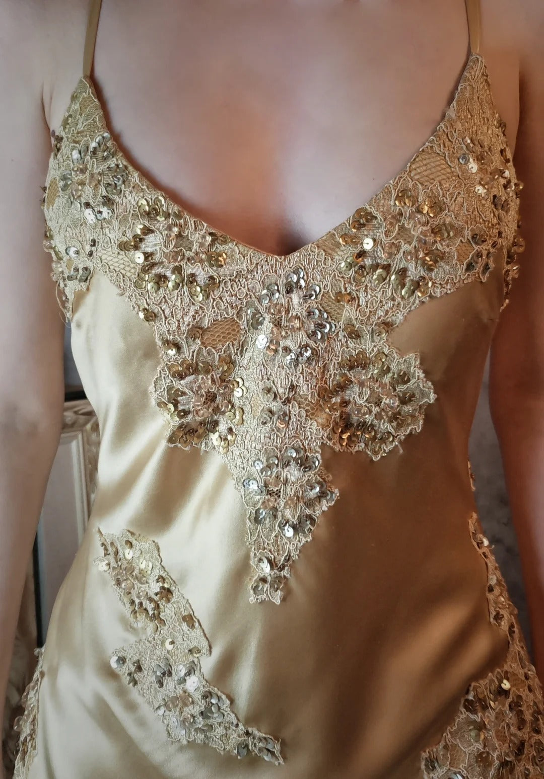 Champagne gold satin beautiful vintage beaded lace ball gown evening dress party dress gh4793
