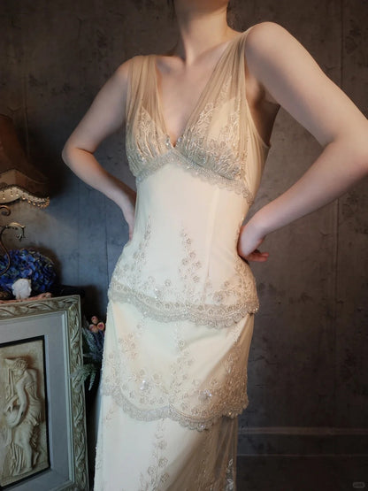 Ivory romantic beautiful gentle vintage long lace beaded layered cake ball dress evening dress party dress gh4795