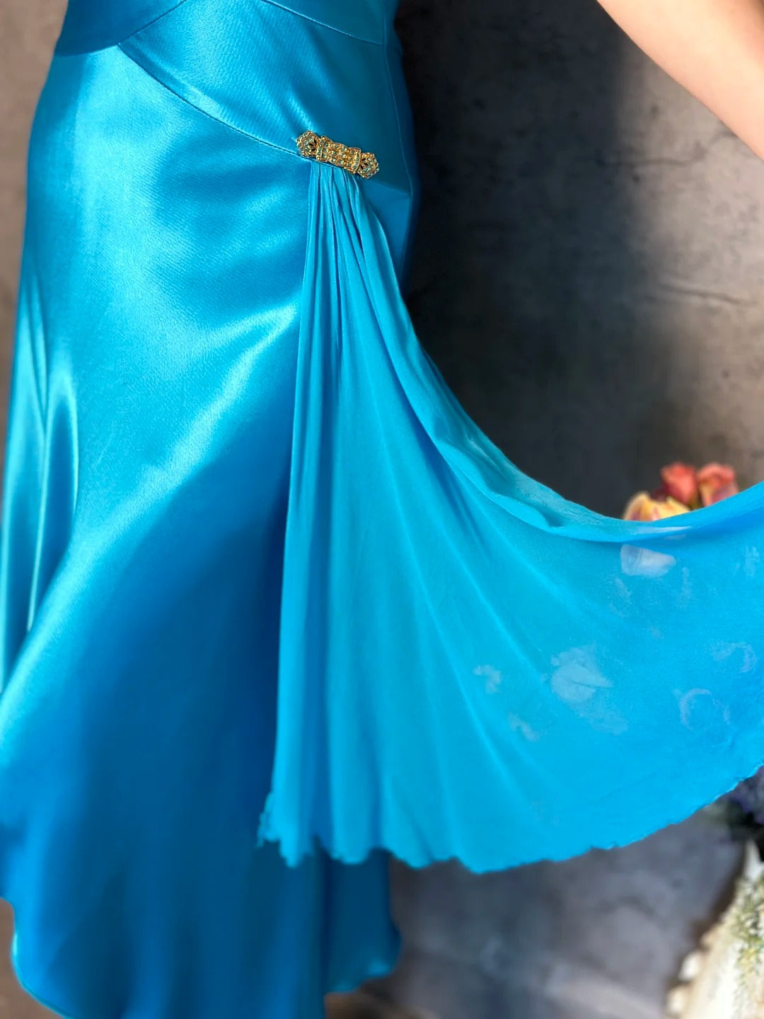 Ocean blue homecoming dress vintage ribbon beautiful satin retro elegant long satin prom dress evening dress party dress gh4806