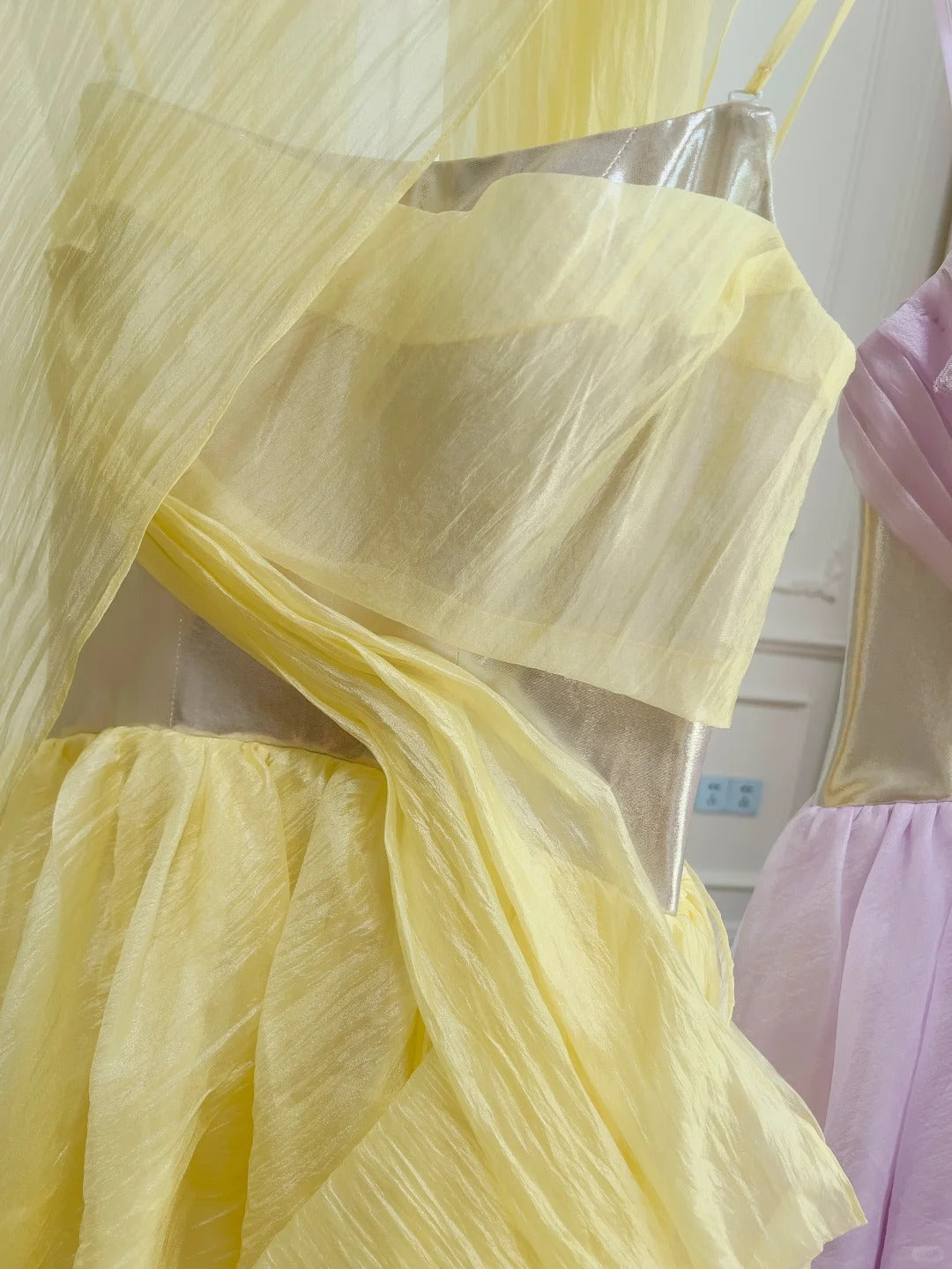 Yellow Silver FuturisticFlowing Long Chiffon Ball Gown Party Dress gh4404