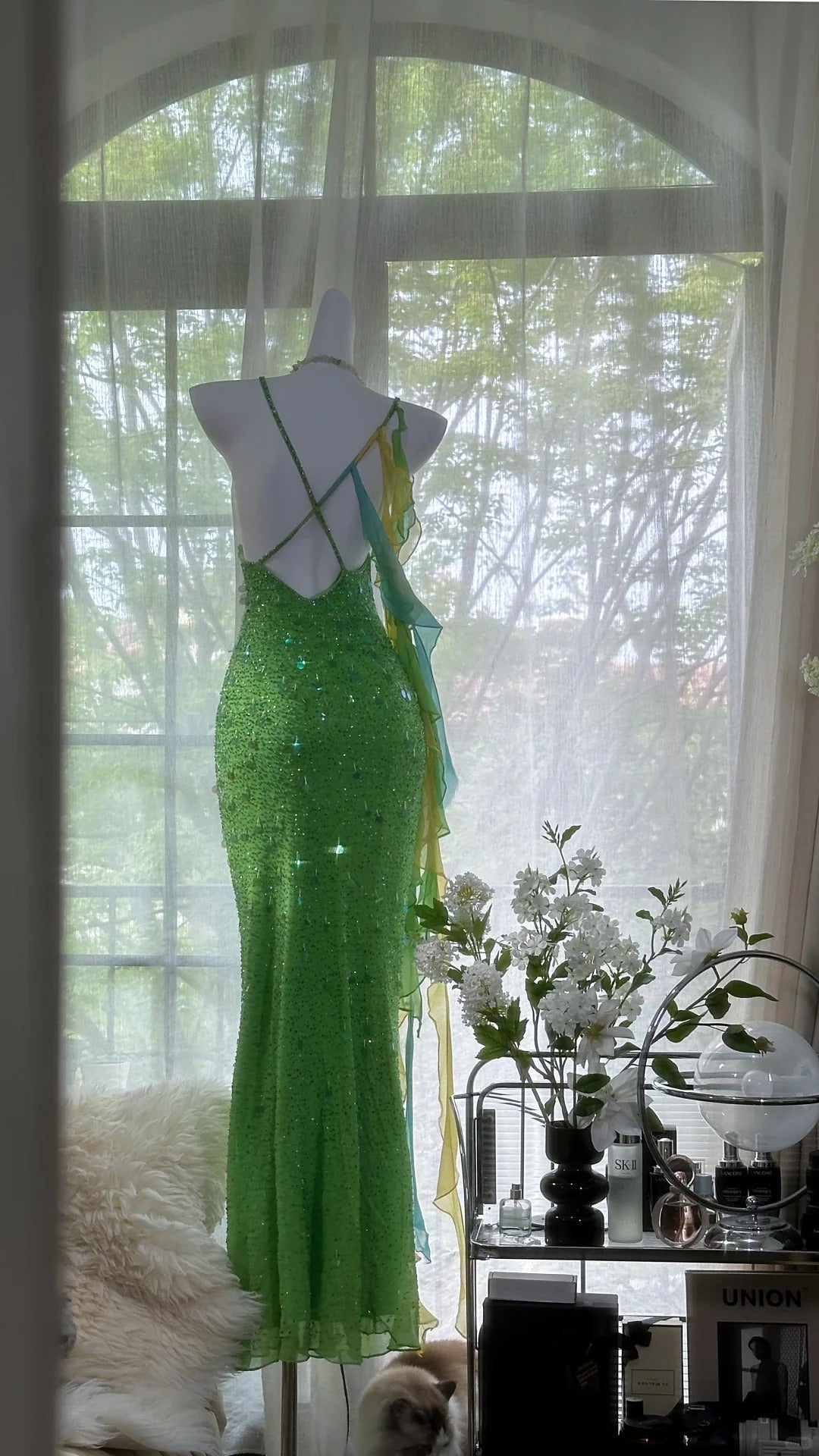Green Beautiful Charming Fashion Elegant Sparkling Exquisite Sequin Beaded Long Chiffon Ball Gown Evening Gown Birthday Party Gown Prom Gown Graduation Gown gh3946