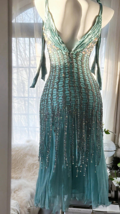 Green Luxury Gorgeous Retro Fashion Exquisite Tassel Beaded Mid-Length Chiffon Ball Gown Birthday Party Dress Evening Dress Prom Dress gh3973