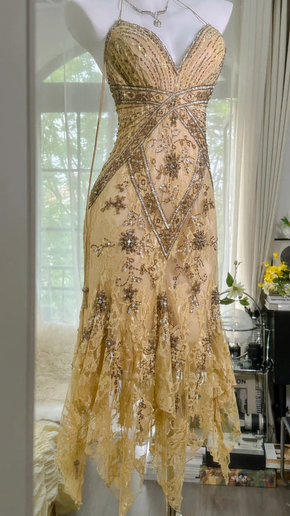 Light yellow brown gorgeous and elegant vintage exquisite beaded long chiffon lace ball dress evening dress birthday party dress prom dress gh3950