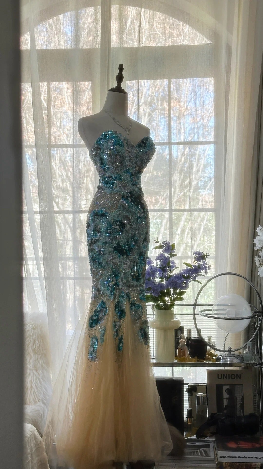 Blue Gorgeous Shiny Exquisite Beaded Long Chiffon Tulle Sequin Ball Gown Evening Gown Party Gown Birthday Gown Date Gown gh4162