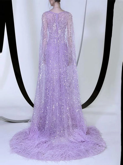 Elegant Feather Sequin Cape Maxi Dress
