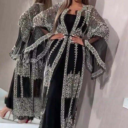 loveedsTM-Fashion Sequins Mesh Mopping Maxi Dress French Vintage Belt Women Club Dress Elegant O Neck Flare Sleeve Lace Evening Dress