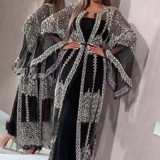 loveedsTM-Fashion Sequins Mesh Mopping Maxi Dress French Vintage Belt Women Club Dress Elegant O Neck Flare Sleeve Lace Evening Dress
