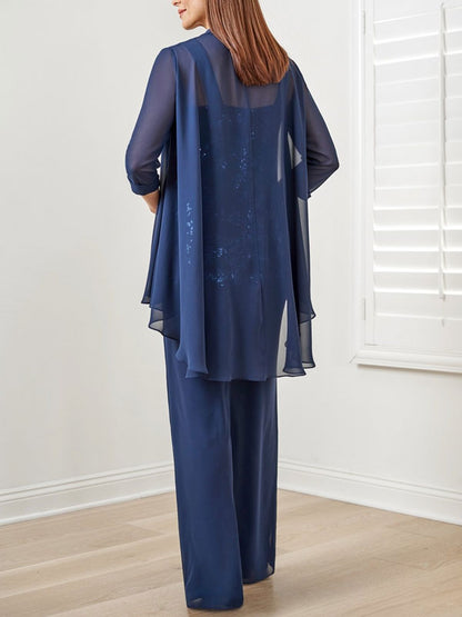 Suit Sequined Chiffon Embroidered Top + Chiffon Long Pants
