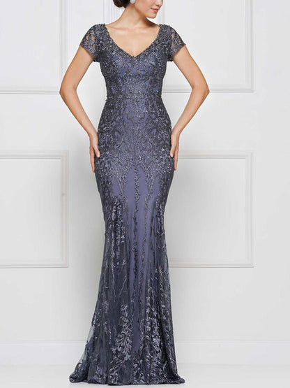 V-neck Short Sleeve Lace Solid Color Maxi Dress