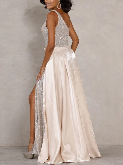 Off-shoulder Sequin Solid Color Maxi Dress