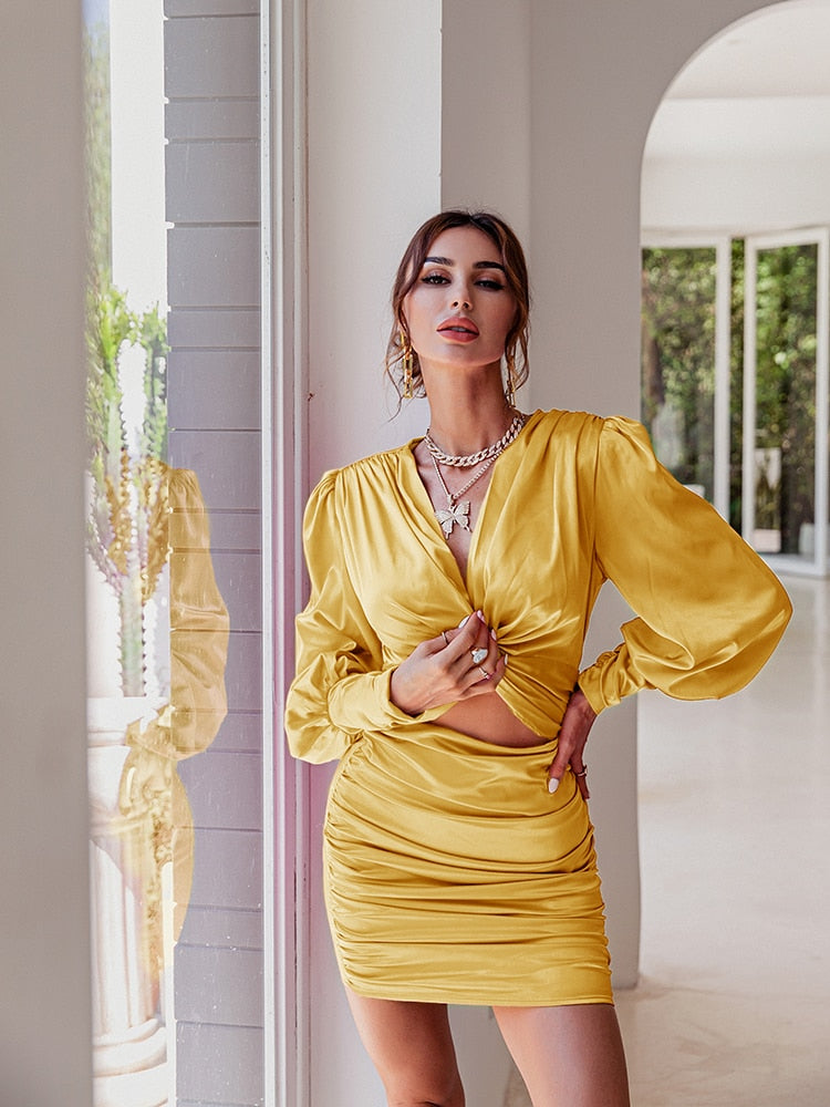 loveedsTM- Sexy deep v neck bodycon dress Party club hollow out mini dress Elegant winter autumn chic lantern sleeve satin dress