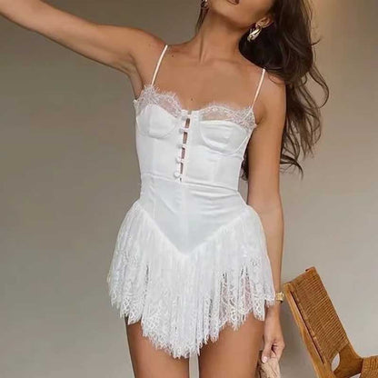 loveedsTM-Sexy black Lace Corset bodice Spaghetti Strap Mini Dress Women Backless Party Skater dress new hot women dress