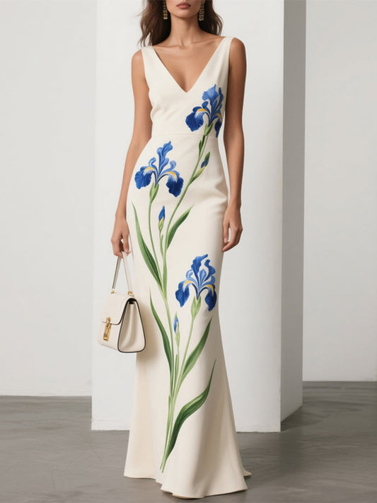 White Floral Classic V Neck Sleeveless A-Line Gown Dress