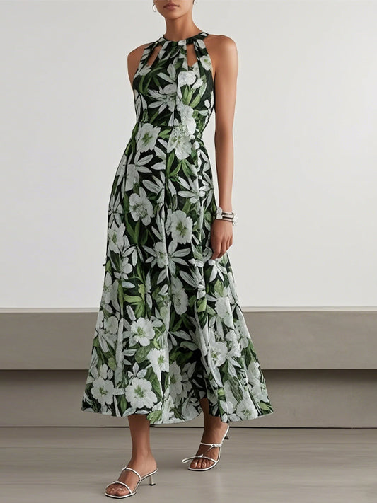 Halter Neck Printed Hollow Midi Dress